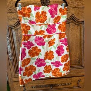Sabo Skirt Strapless Floral Dress in Orange & Pink on White